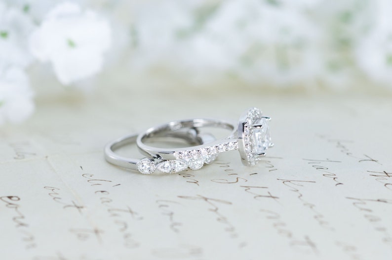 Halo Wedding Set Engagement Ring Wedding Ring Cushion Cut Ring Sterling Silver Vintage Inspired Cubic Zirconia Ring CZ Ring image 3