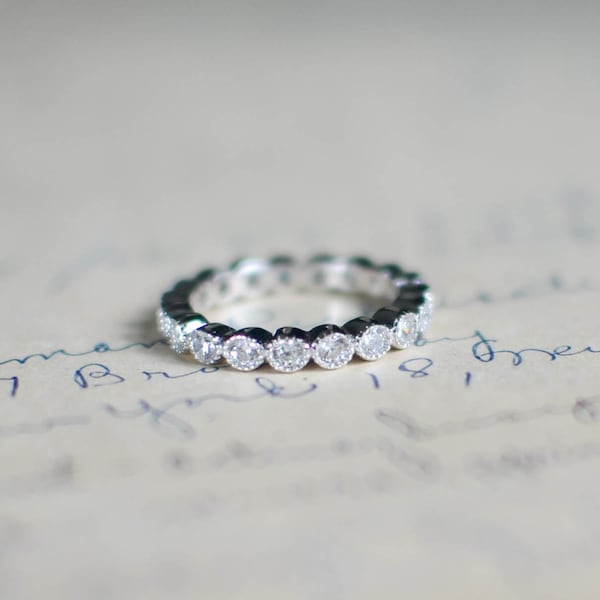 Cubic Zirconia Eternity Band - Sterling Silver Stacked Ring  - Full Eternity Ring - Wedding Band - Vintage Ring - Art Deco - Bezel Set - 3MM