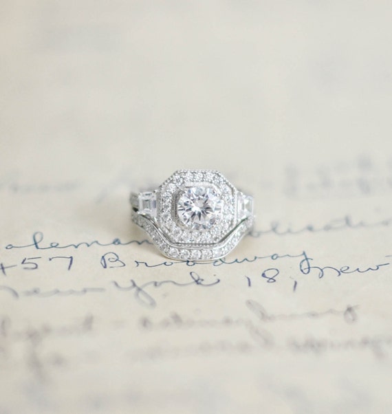 Silver Art Deco Ring Sterling Silver Ring Cz Wedding Set Etsy