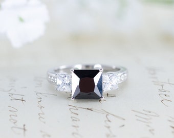 SALE - Black Engagement Ring - Three Stone Ring - Princess Cut Ring - Gothic Ring - Wedding Ring - Sterling Silver