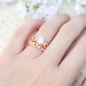 Leaf & Vine Engagement Ring - Floral Scroll Ring - Art Deco Ring - Wedding Ring Set - Rose Gold Ring - Milgrain Ring - Sterling Silver