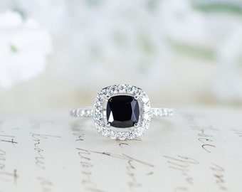 SALE - Black Halo Ring - Cushion Cut Ring - Engagement Ring - Promise Ring - Wedding Ring - Sterling Silver - 1 Carat