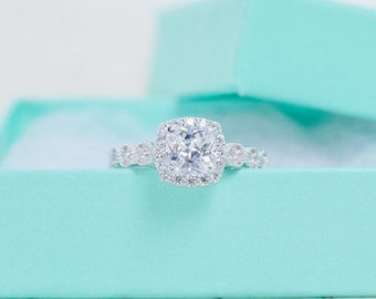 SALE - Art Deco Engagement Ring - Cushion Cut Ring - Halo Engagement Ring - Wedding Ring - Bead Dot Ring - Sterling Silver - 1.3 Carat