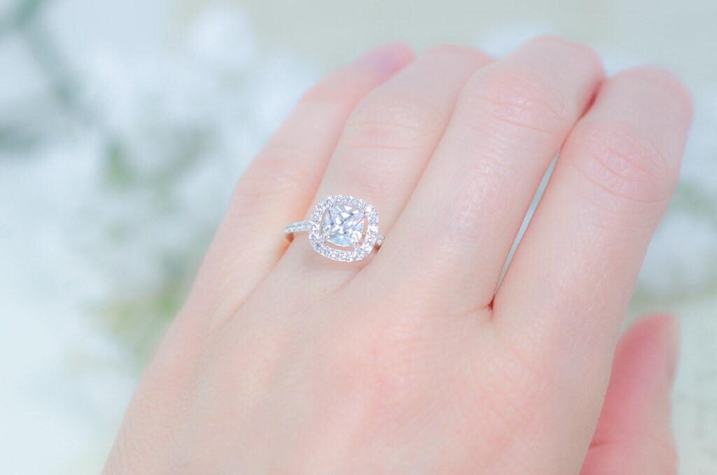 Cubic Zirconia Halo Ring Cushion Cut Ring Sterling Silver Etsy