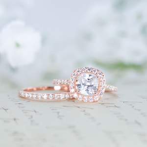 Halo Wedding Ring Set - Cushion Cut Ring - Engagement Ring - Rose Gold Ring - Sterling Silver Ring