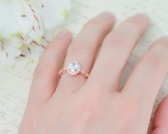 Rose Gold Engagement Ring - Art Deco Wedding Ring - Oval Halo Ring - Vintage Style Ring - Promise Ring - Sterling Silver - 1 Carat