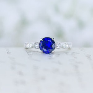 Blue Sapphire Engagement Ring - Art Deco Ring - Vintage Style Ring - CZ Ring - Solitaire Ring - Round Cut Ring - Sterling Silver