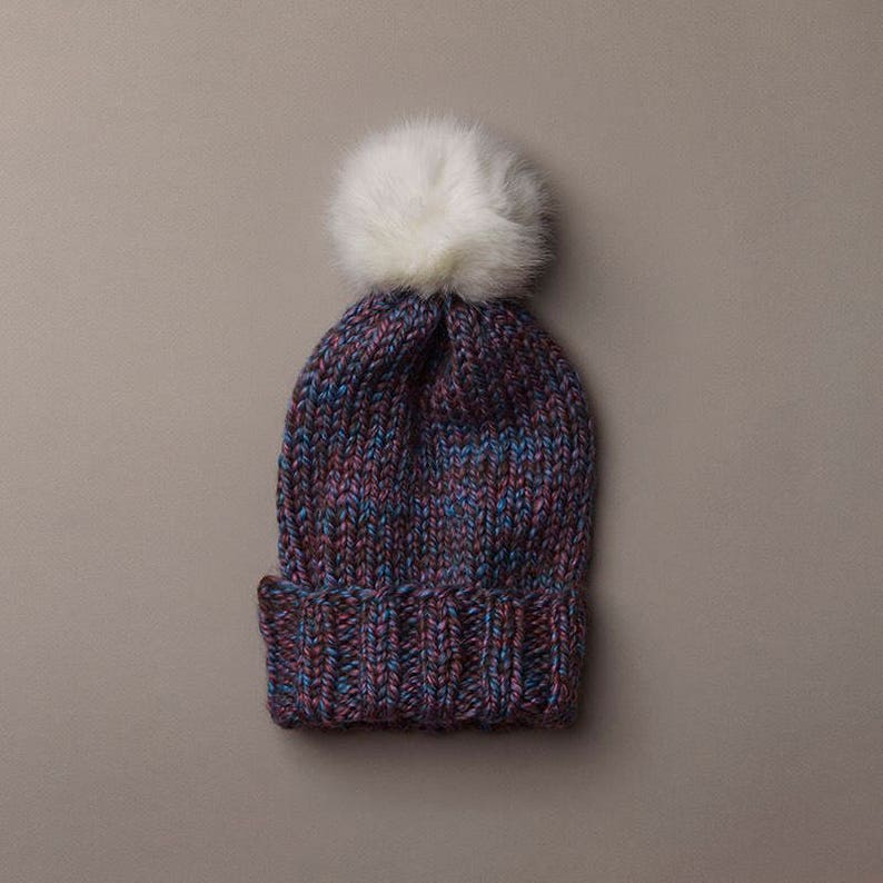 Purple Multi Wooly Hat w. Faux Fur POM POM image 6