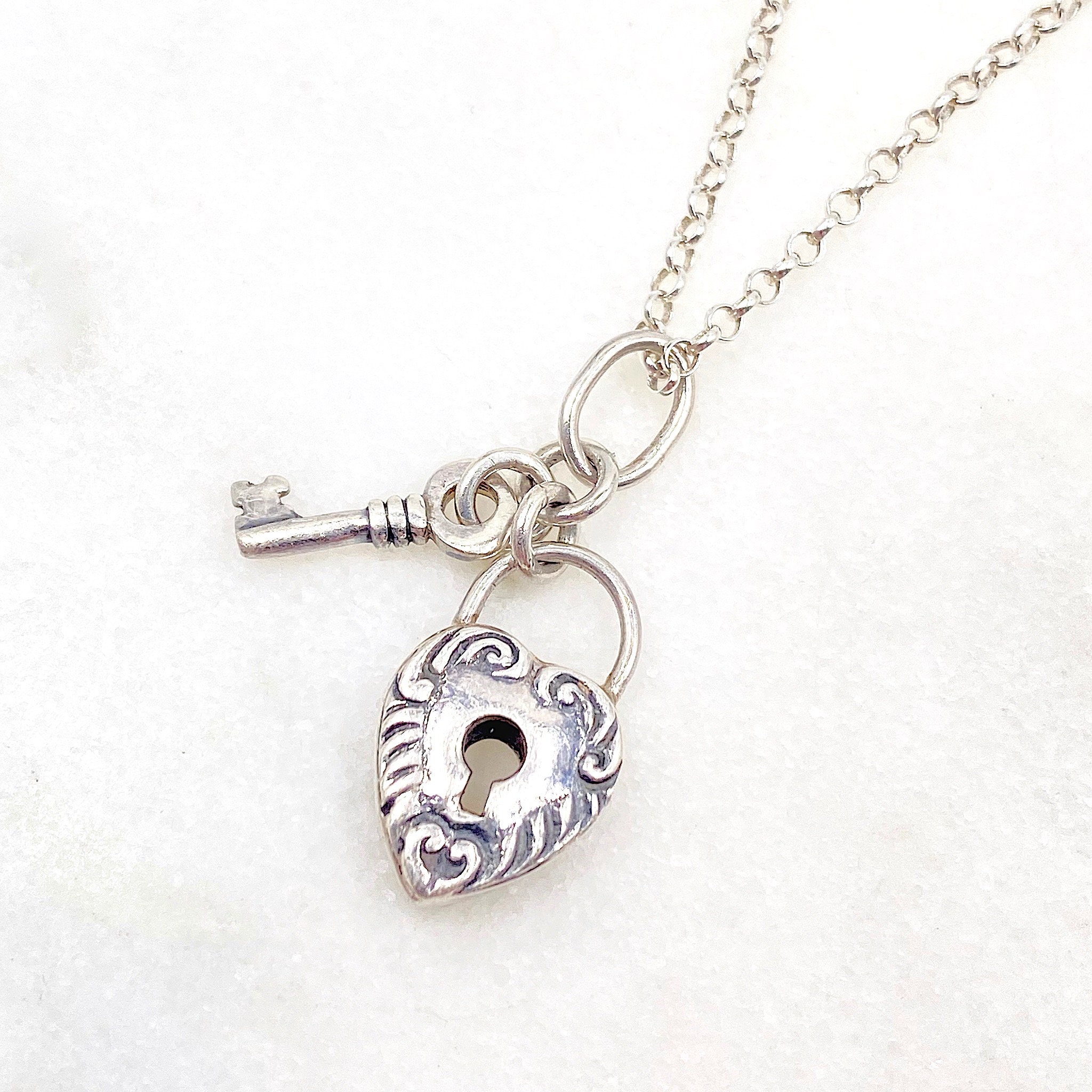 Vintage Sterling Silver Heart Lock & Key Necklace
