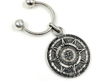 Aztec Sun Calendar Sterling Silver Key Ring