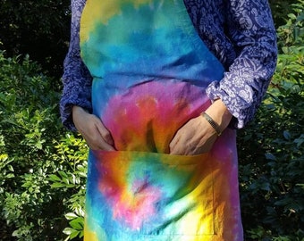 Tie dye adult apron . Hand dyed  rainbow spiral.