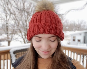 Hand-Knit Rust Pom Beanie, Detachable Light Brown Pom, Adult Women, Winter and Fall Accessory, Cute and Warm