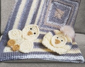 Hand-Crochet Baby Blanket and Baby Beanie Chick Set, Snap on and off animal decals, Yellow and Grey, Gender Neutral, Pom Beanie Gift