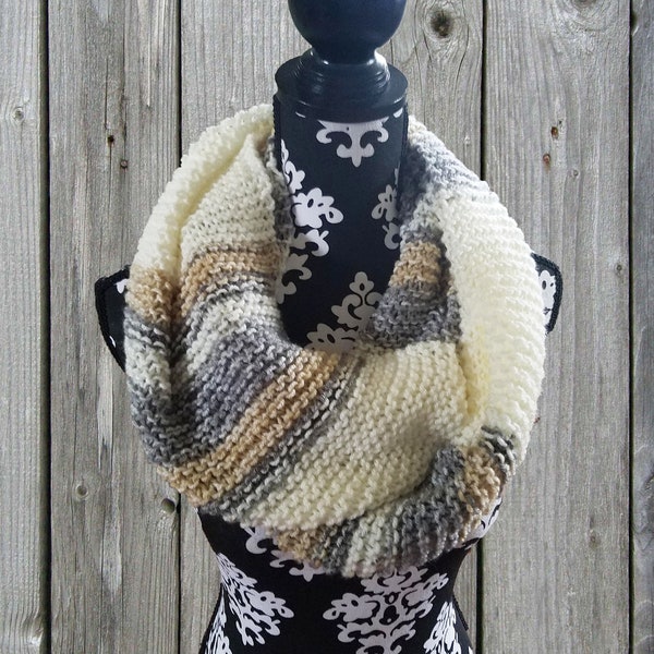 Hand-Knit Cream, Grey and Yellow Variety Infinity Scarf