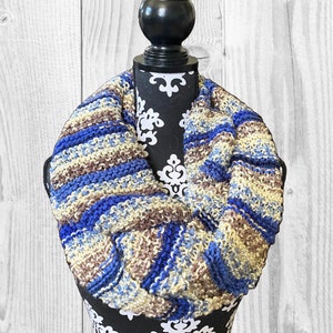 Rhapsody Of Blues & Tans, Hand-Knit Thick Infinity Scarf, Chic Women&#39;s Winter and Fall Accessory, Cozy And Chic Fashion