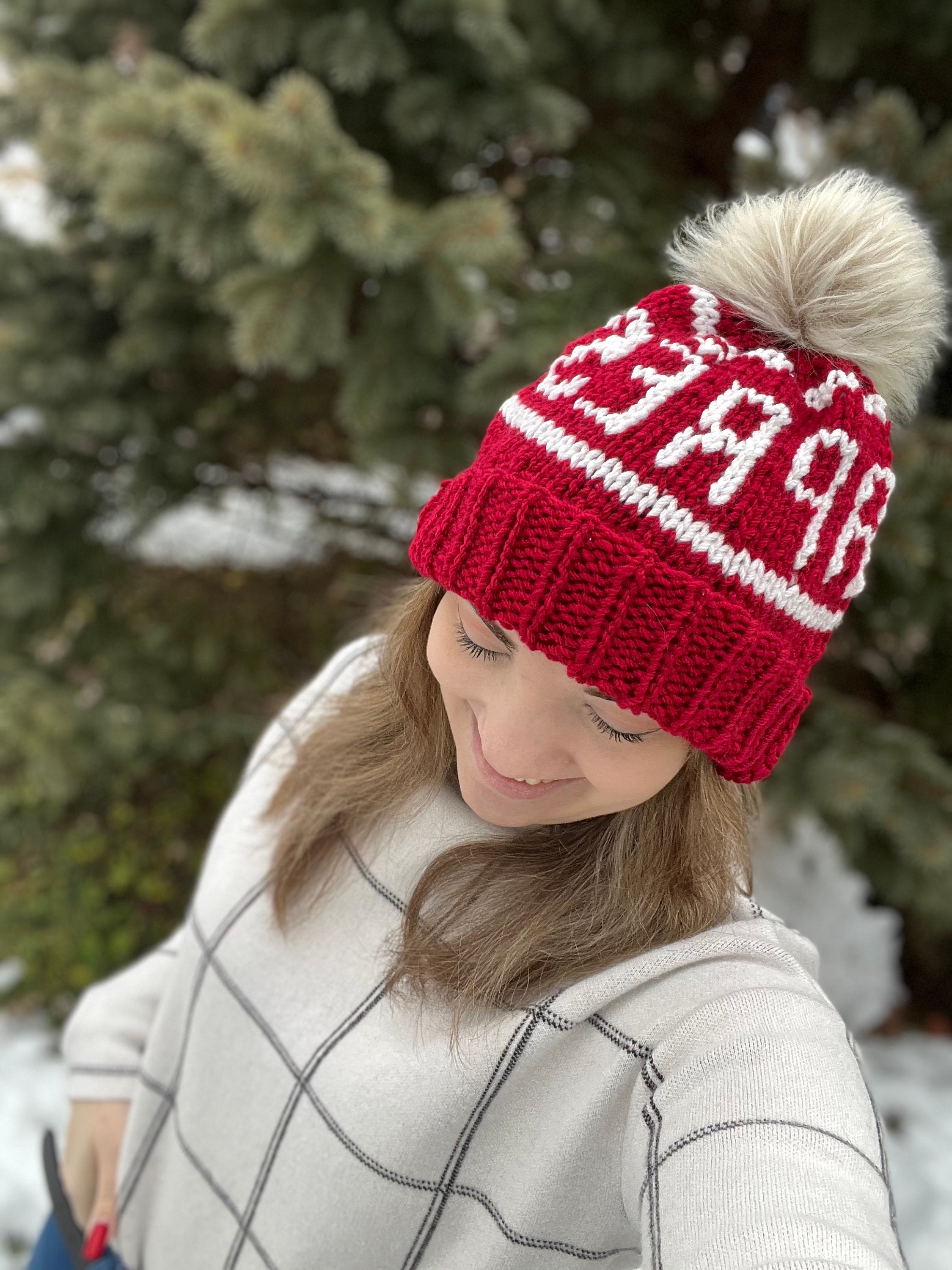 Red and White Apres Ski Knit Pom Beanie, Chic for Women 