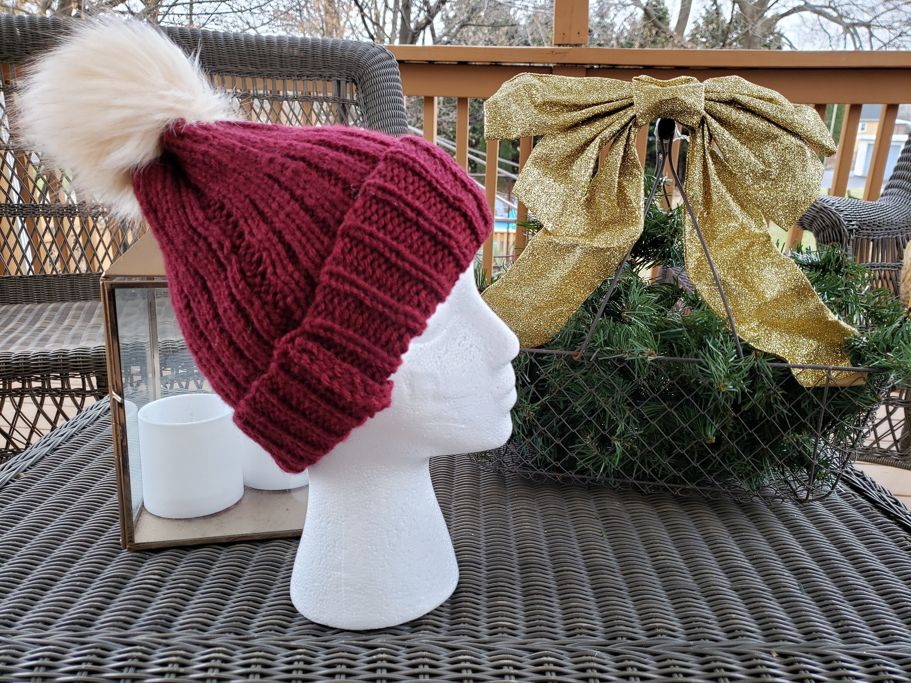 Hand-knit Maroon and Light Tan Pom 