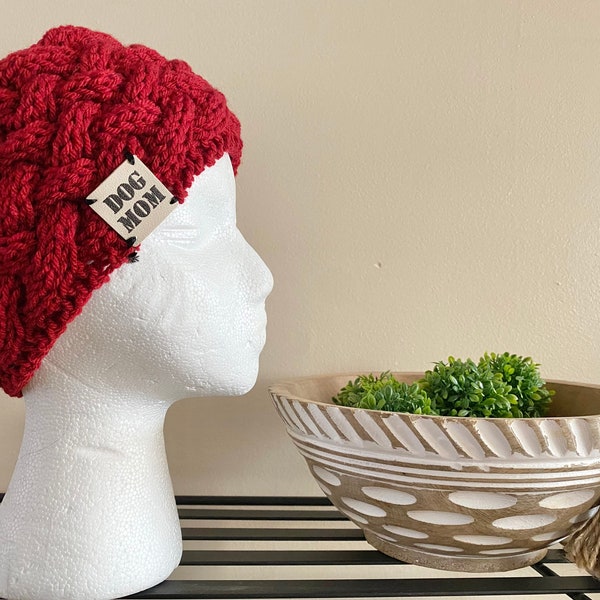 Red Dog Mom Ear Warmer, Hand Knitted With Cables For Women With Tan Faux Leather Label,  Chic Gift For Fall And Winter Seasons To Stay Warm