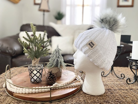 Sparkly White Dog Mom Hand-knit Pom Beanie, Grey Fluffy Pom  display picture 2