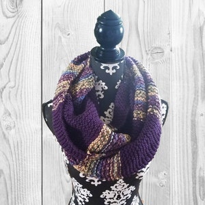 Hand-Knit Dark Purple and Tan Variety Infinity Scarf Winter and Fall Accessories for Women Yarn Products