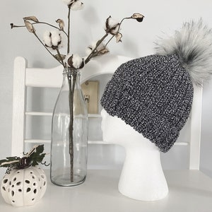 Hand-Knitted, Black and Grey Variety Pom Beanie with Light Fluffy Pom, Fashionable And Chic Fall and Winter Hat For Chilly Days