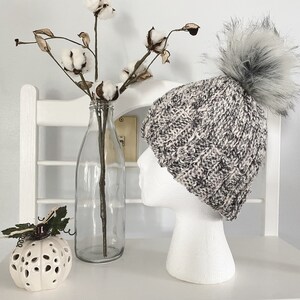 Hand-Knitted, Variety of Greys Womens Pom Beanie with Light Fluffy Pom, Chic Fall and Winter Accessory to Stay Comfy and Cozy