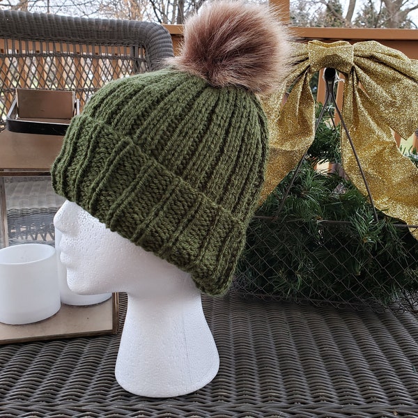 Hand-Knit Olive Green Pom Beanie with Detachable Pom Women and Teenage Girl Yarn Product Winter and Fall Hat Accessory Handmade