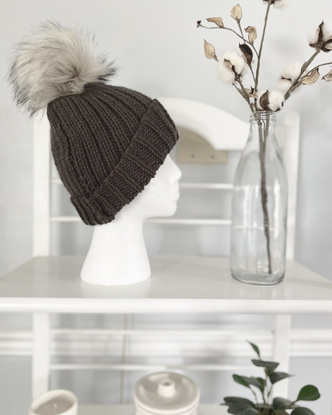 Moose Knuckles Kids/Womens Gray Pom Beanie Hat with Black Fox Fur Pom Kinley Knit Beanie Hat with Finn Raccoon Pom Pom in Grey  main image 4