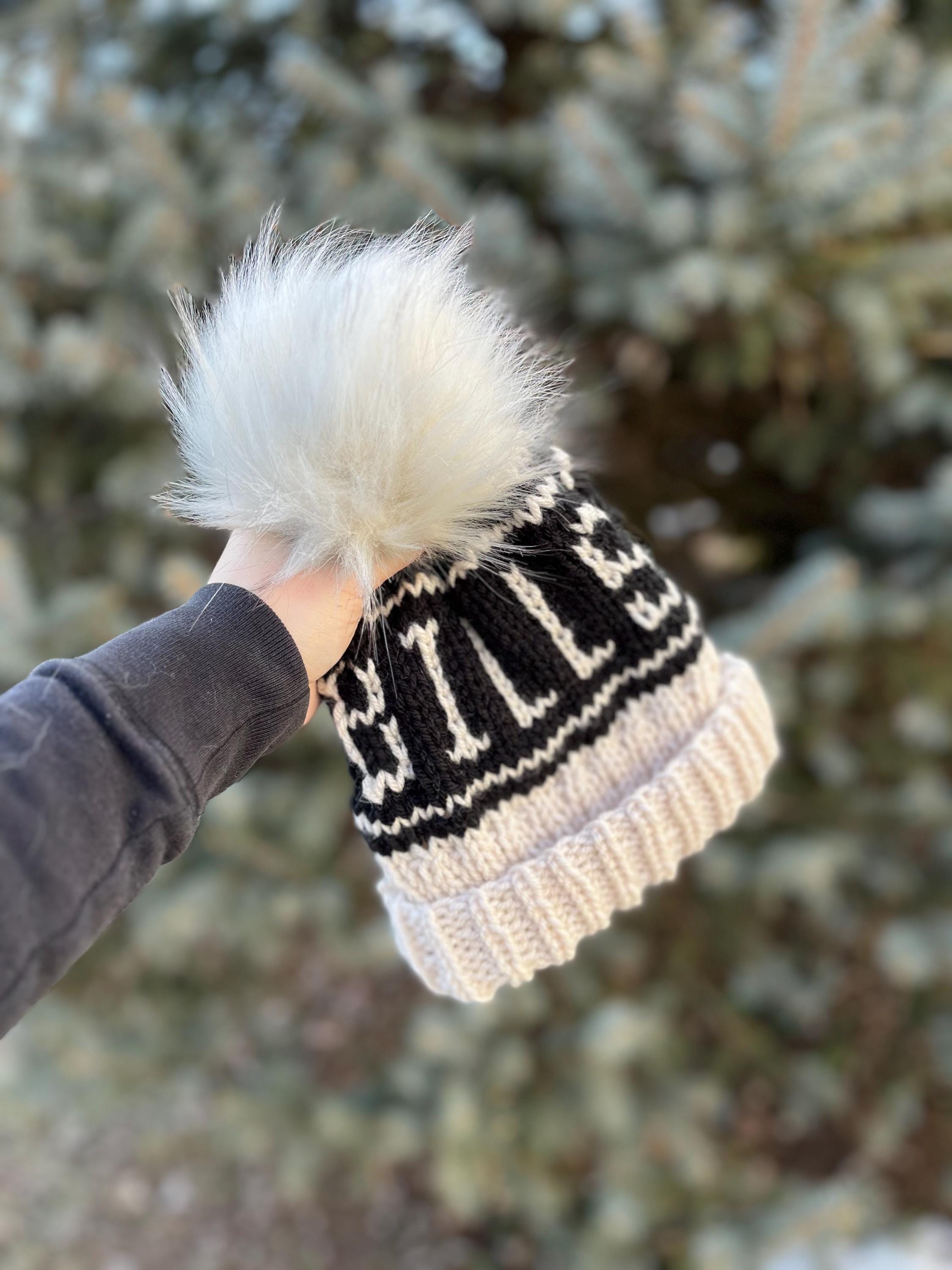 Hand-knit Vanilla and Black Buffalo Football Pom Beanie  display picture 2