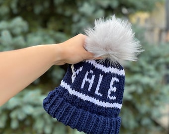 Navy and White Yale Beanie, Collegiate, Warm and Chic for Women