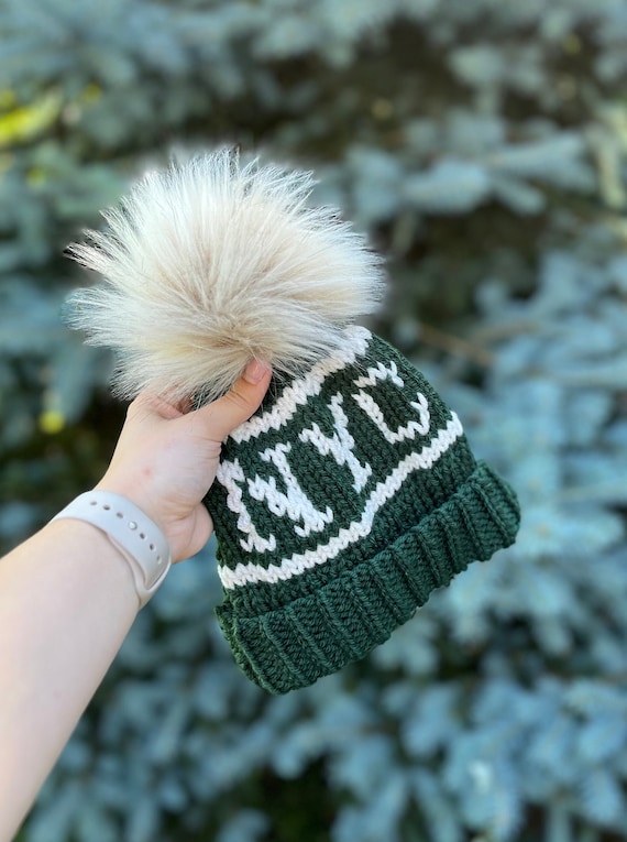 Deep Green and White NYC Pom Beanie, Warm and Chic for Women  display picture 2