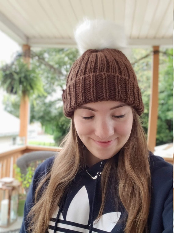 Brown Hand-knit Mega-pom Beanie Fall 