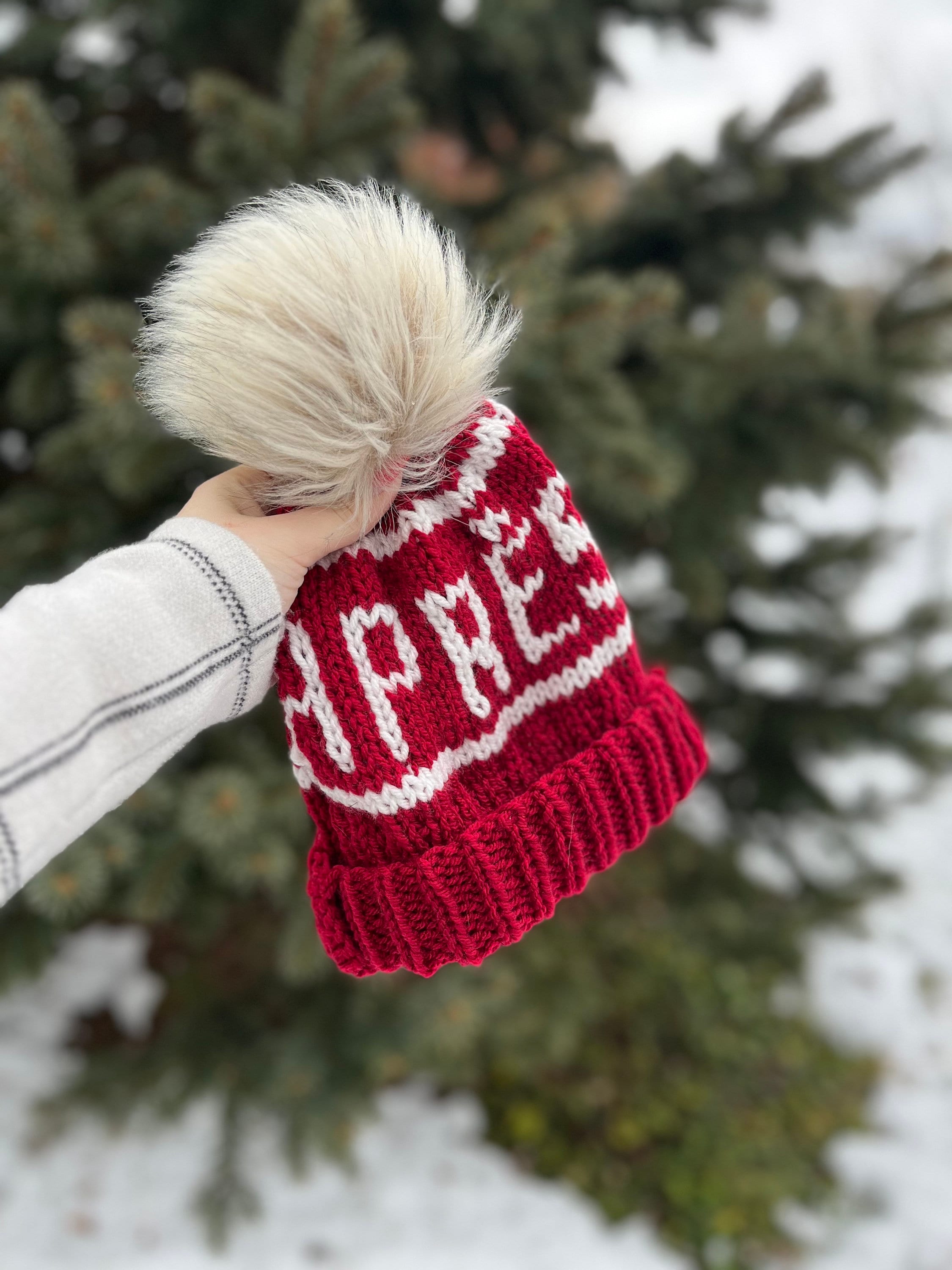 Red and White Apres Ski Knit Pom Beanie Chic for Women Colorblocked Trendy and Stylish Winter Wear Fashionable Hand knitted Hat Etsy