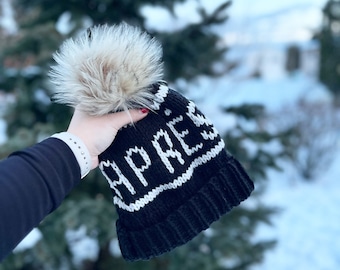 Apres Black And White Pom Beanie, Warm And Chic For Women, Cozy Knitted Hat, Hand Made Fashionable Hat, Winter Ski Accessory