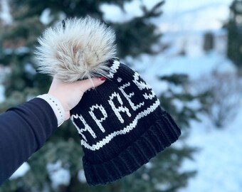 Apres Black And White Pom Beanie, Warm And Chic For Women, Cozy Knitted Hat, Hand Made Fashionable Hat, Winter Ski Accessory