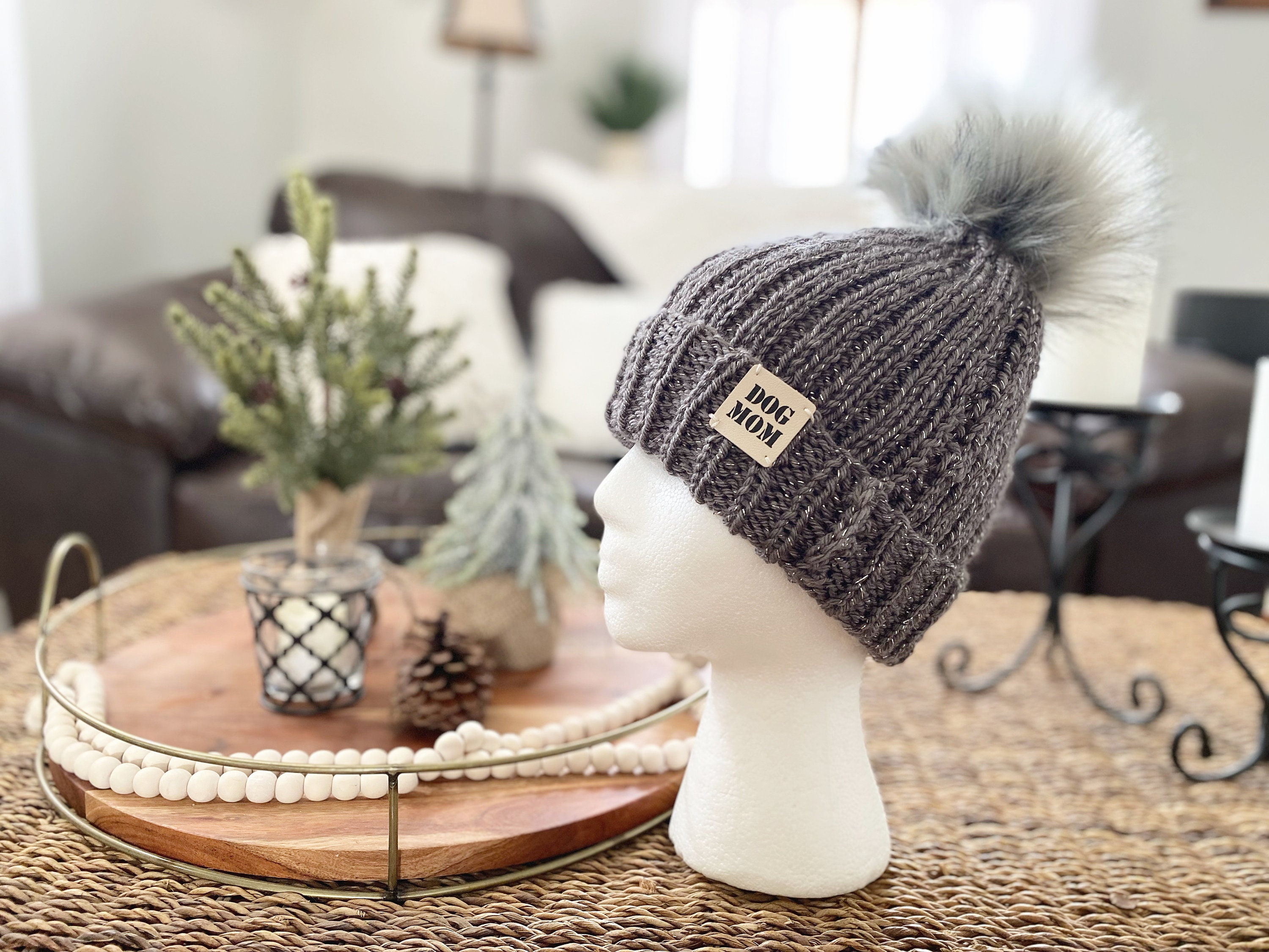 Hand-knit Silver Sparkle Dog Mom Beanie, Large Faux Fox Fur 