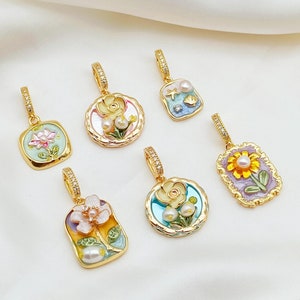 Dije de flor esmaltada, colgante estilo pintura al óleo, colgante de jardín Monet, flor de perla barroca, tarjeta redonda, hebilla universal, 1 pieza