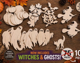 May include: A collection of 100 unfinished wood cutouts featuring various shapes including pumpkins, maple leaves, bats, witches on broomsticks, ghosts, and a cat. The set includes text that reads DIY UNFINISHED WOOD CUTOUTS and NOW INCLUDES WITCHES & GHOSTS! 100 PIECES!