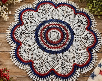 Patriotic Red, White & Blue Doily – 18.5” Round Handmade Table Decor