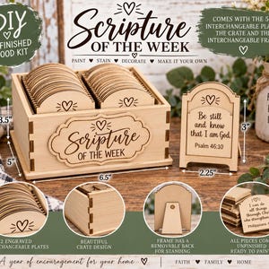 May include: An unfinished wood kit featuring a crate measuring 6.5 inches by 5 inches by 3.5 inches, containing 52 interchangeable plates. Includes a 3-inch by 2.25-inch frame with a removable back. Plates feature engraved text and heart icons.