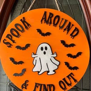 Spook Around and Find Out | 14” Halloween Door Sign | Funny Ghost Decor | Middle Finger