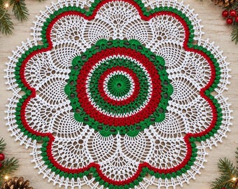 Handmade Crochet Christmas Doily, Rustic Holiday Table Centerpiece, Red Green White Decor