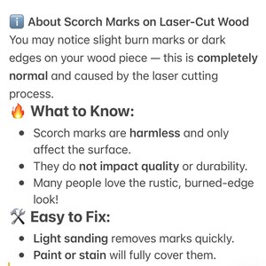 May include: An informational graphic titled About Scorch Marks on Laser-Cut Wood. It explains that dark edges are normal from laser cutting, are harmless, do not affect quality, and can be removed by light sanding or covered with paint or stain.