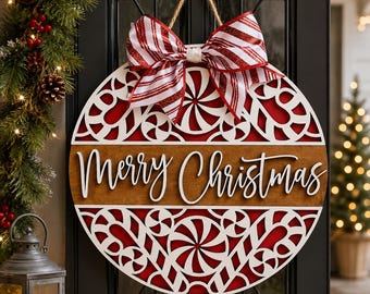 Handmade Merry Christmas Door Hanger – Peppermint Ornament, Holiday Decor