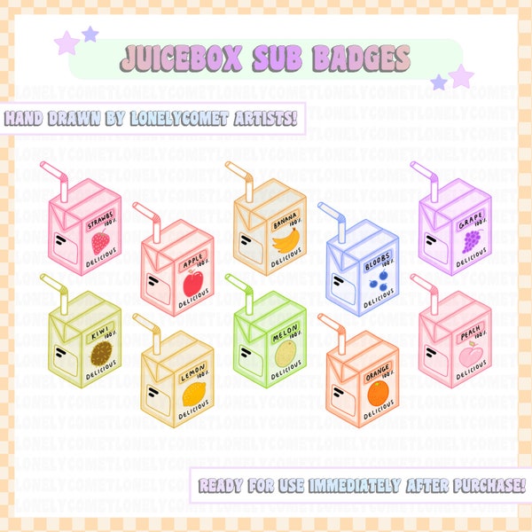 Twitch Sub Badges | Juicebox | Banana, Grape, Kiwi, Strawberry, Melon, Cute Fruit Flavoured Juiceboxes, Apple, Peach, Kawaii Fruit Juice