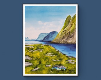 Downloadable art prints, large printable landscape art, watercolor print, Lofoten nature prints wall art, walldecor