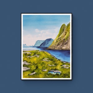 Herunterladbare Kunst Drucke, großes druckbares Landschaftsbild, Aquarell Druck, Lofoten Naturdruck Wandkunst, Wandbild