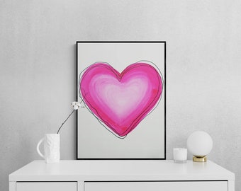 Downloadable art prints, instant download, gift for her, pink heart wall decor, line art, watercolor prints, preppy wall art