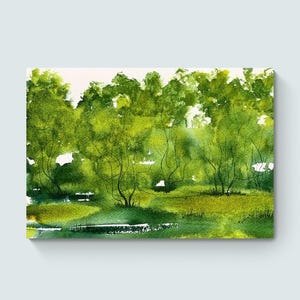 pittura ad acquerello originale foresta verde, arte murale originale, arte paesaggistica astratta nei colori verdi, arte ad acquerello