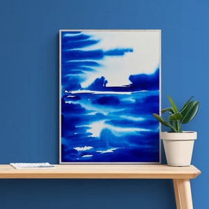 Blue abstract landscape wall art, original watercolor art, colorful wall art, maximalist wall art, modern aesthetic wall decor